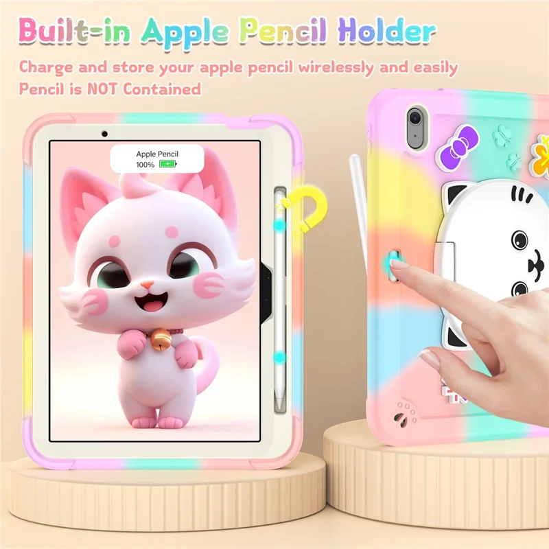 For iPad Air 11 (2026) / (2025) / (2024) Case PC + Silicone Colorful Tablet Cover with Cat Kickstand / Shoulder Strap - Colorful Rose Gold