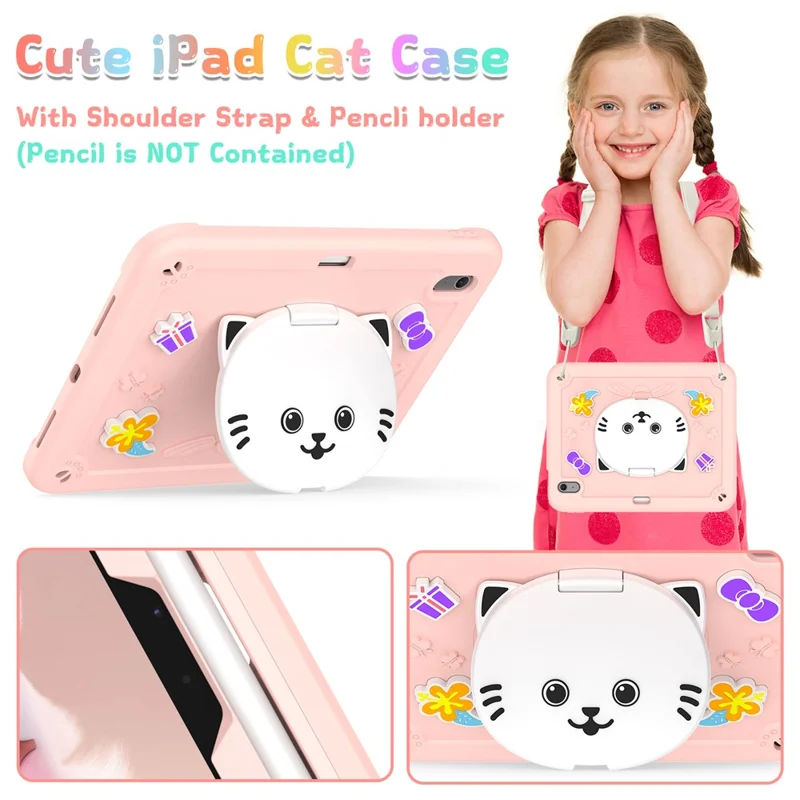 For iPad Air 11 (2025) / (2024) Case PC + Silicone Tablet Cover with Cat Kickstand / Shoulder Strap - Rose Pink
