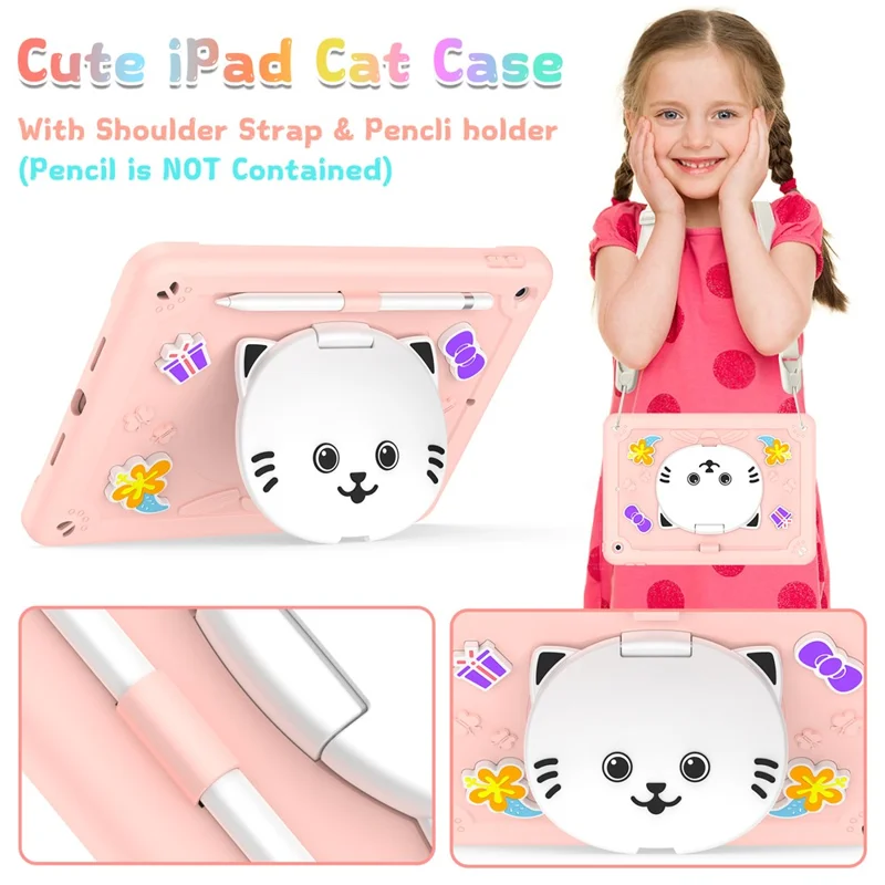 For iPad 10.2 (2021) / (2020) / (2019) Case PC + Silicone Tablet Cover with Cat Kickstand / Shoulder Strap - Rose Pink