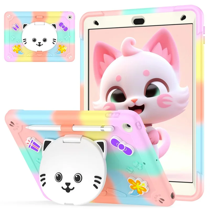 For iPad 10.2 (2021) / (2020) / (2019) Case PC + Silicone Colorful Tablet Cover with Cat Kickstand / Shoulder Strap - Colorful Rose Gold