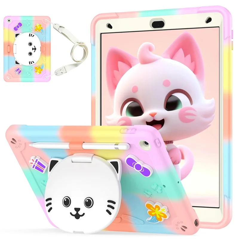For iPad 10.2 (2021) / (2020) / (2019) Case PC + Silicone Colorful Tablet Cover with Cat Kickstand / Shoulder Strap - Colorful Rose Gold