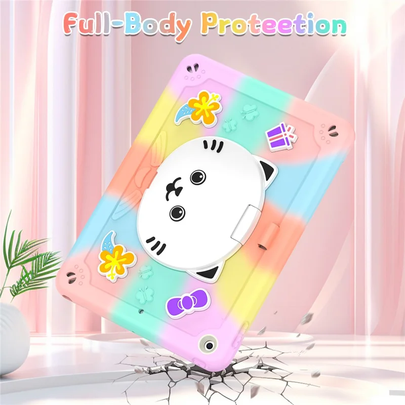 For iPad 10.2 (2021) / (2020) / (2019) Case PC + Silicone Colorful Tablet Cover with Cat Kickstand / Shoulder Strap - Colorful Rose Gold