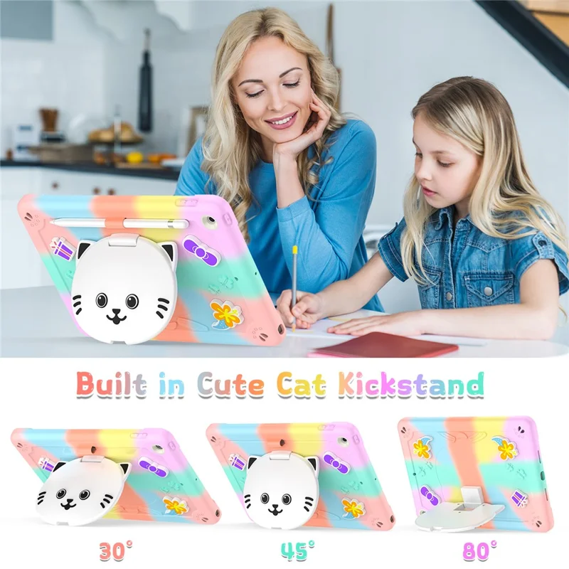 For iPad 10.2 (2021) / (2020) / (2019) Case PC + Silicone Colorful Tablet Cover with Cat Kickstand / Shoulder Strap - Colorful Rose Gold