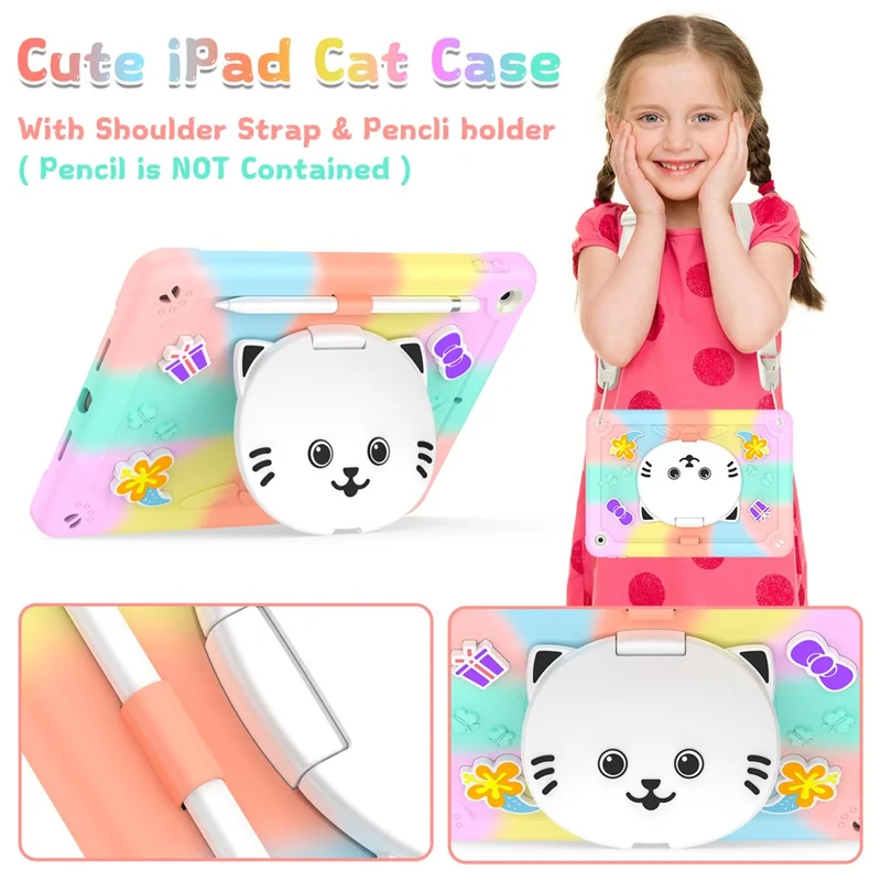 For iPad 10.2 (2021) / (2020) / (2019) Case PC + Silicone Colorful Tablet Cover with Cat Kickstand / Shoulder Strap - Colorful Rose Gold