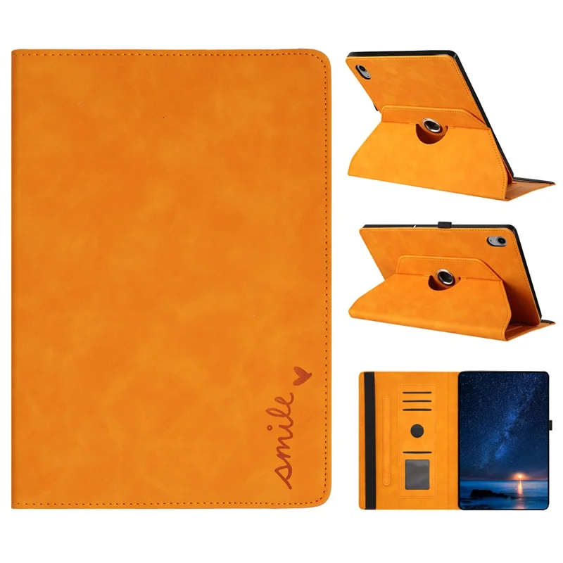For iPad (2025)  /  10.9 (2022) Case Rotating Stand Card Holder Smile Imprinted Microfiber Leather Tablet Cover - Khaki