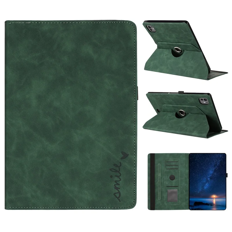 Tablet Case For iPad Air 11 (2025)  /  (2024)  /  Air (2022)  /  (2020) Rotating Stand Card Holder Smile Imprinted Microfiber Leather Cover - Green