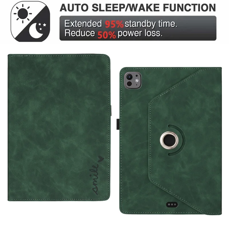 Tablet Case For iPad Air 11 (2025)  /  (2024)  /  Air (2022)  /  (2020) Rotating Stand Card Holder Smile Imprinted Microfiber Leather Cover - Green