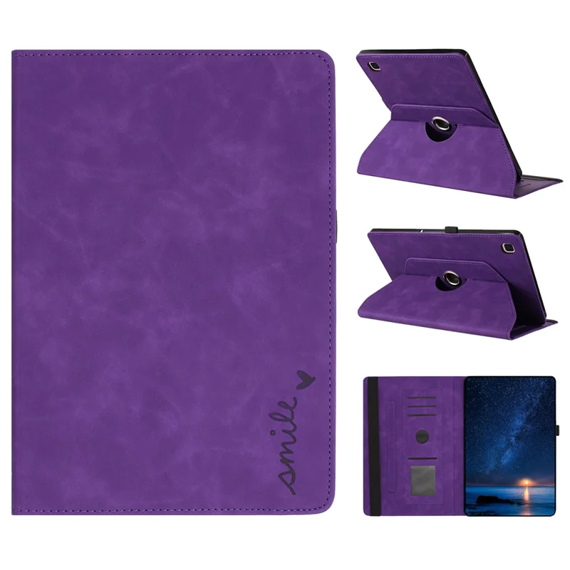 غطاء لوحي لهاتف سامسونج جالكسي تاب S6 لايت (2024) / (2022) / (2020) بتصميم دوار مع حامل وفتحات لوضع البطاقات وغطاء من جلد الألياف الدقيقة مطبوع عليه ابتسامة - أرجواني