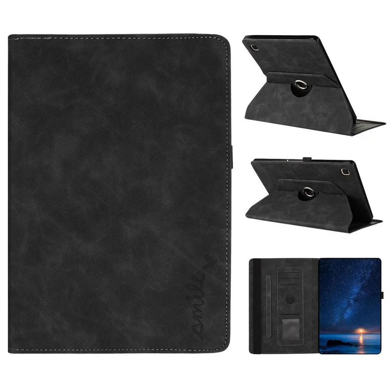 For Samsung Galaxy Tab A7 10.4 (2020) Case Rotating Stand Card Holder Smile Imprinted Microfiber Leather Tablet Cover - Black