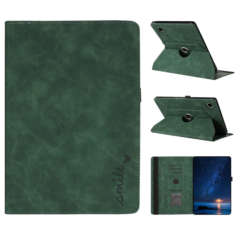 For Samsung Galaxy Tab A11  /  A9 Case Rotating Stand Card Holder Smile Imprinted Microfiber Leather Tablet Cover - Green