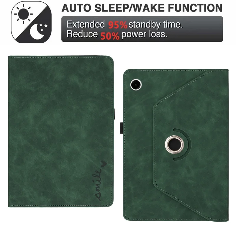 For Samsung Galaxy Tab A11  /  A9 Case Rotating Stand Card Holder Smile Imprinted Microfiber Leather Tablet Cover - Green