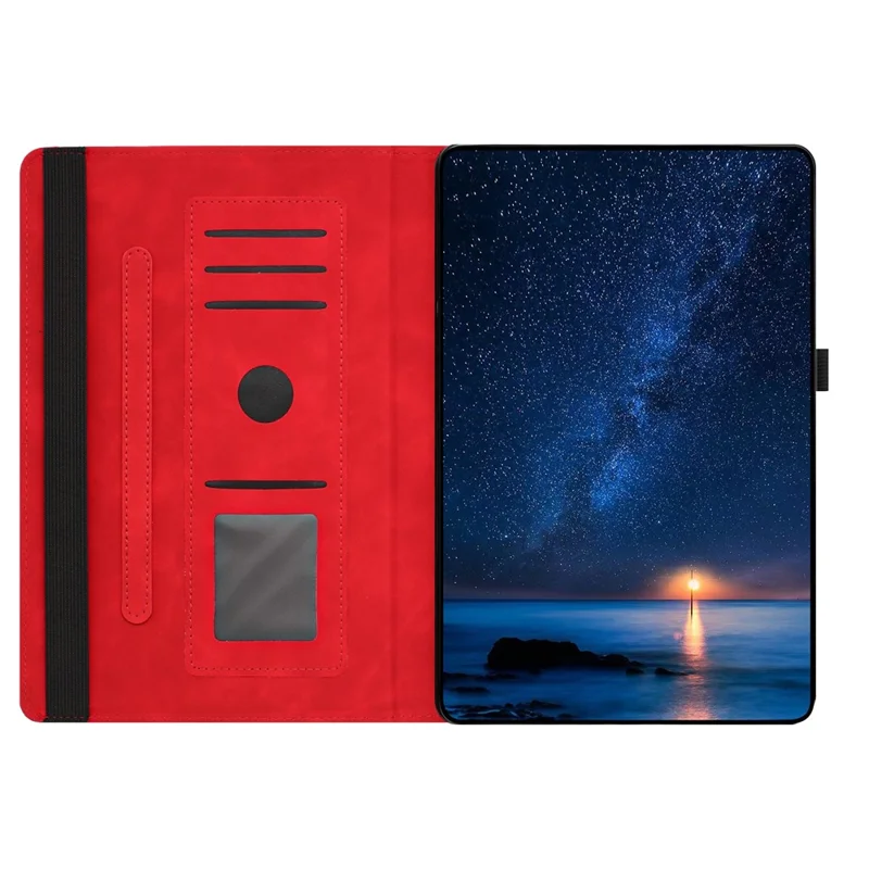 For Samsung Galaxy Tab A 10.1 (2019) Case Rotating Stand Card Holder Smile Imprinted Microfiber Leather Tablet Cover - Red