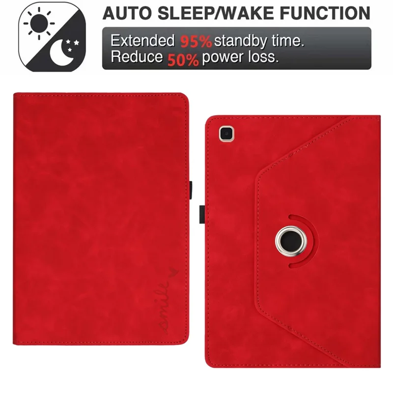 For Samsung Galaxy Tab A 10.1 (2019) Case Rotating Stand Card Holder Smile Imprinted Microfiber Leather Tablet Cover - Red
