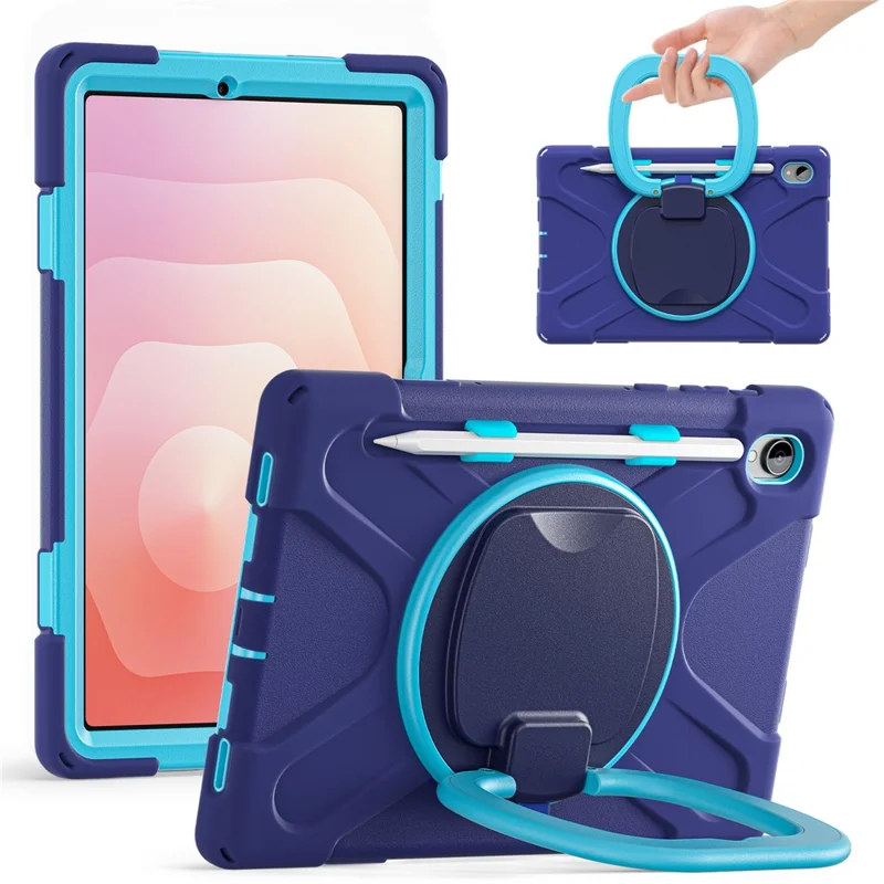 For Samsung Galaxy Tab S11 X730 /  X736 /  X736B Tablet Case TPU + PC + Silicone Cover Swivel Kickstand Handle Grip - Navy Blue