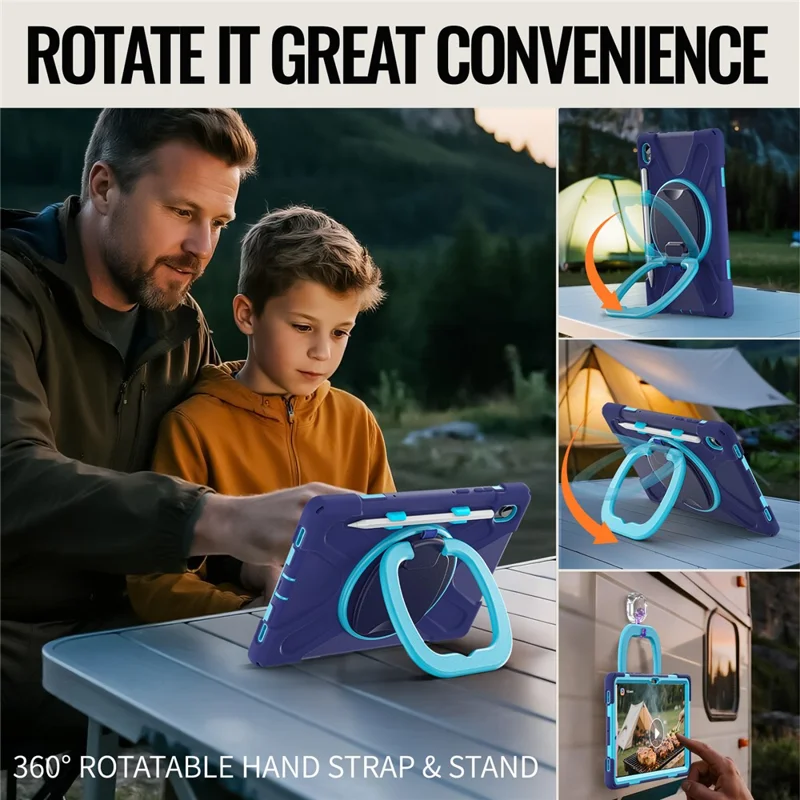 For Samsung Galaxy Tab S11 X730 /  X736 /  X736B Tablet Case TPU + PC + Silicone Cover Swivel Kickstand Handle Grip - Navy Blue