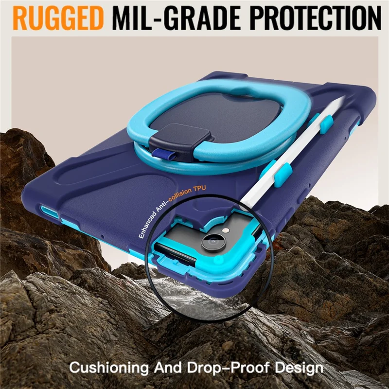 For Samsung Galaxy Tab S11 X730 /  X736 /  X736B Tablet Case TPU + PC + Silicone Cover Swivel Kickstand Handle Grip - Navy Blue