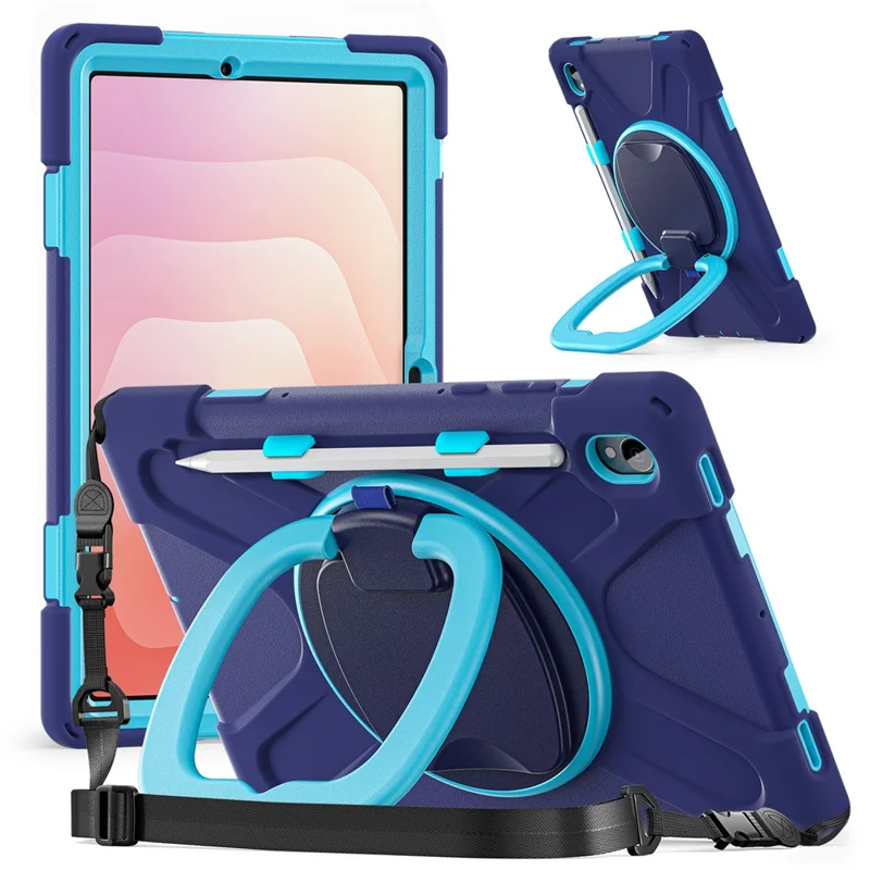 For Samsung Galaxy Tab S11 X730 /  X736 /  X736B Kickstand Case with Shoulder Strap TPU + PC + Silicone Tablet Cover  - Navy Blue