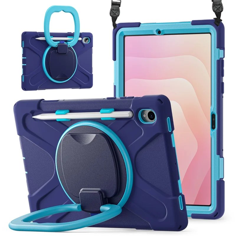 For Samsung Galaxy Tab S11 X730 /  X736 /  X736B Kickstand Case with Shoulder Strap TPU + PC + Silicone Tablet Cover  - Navy Blue