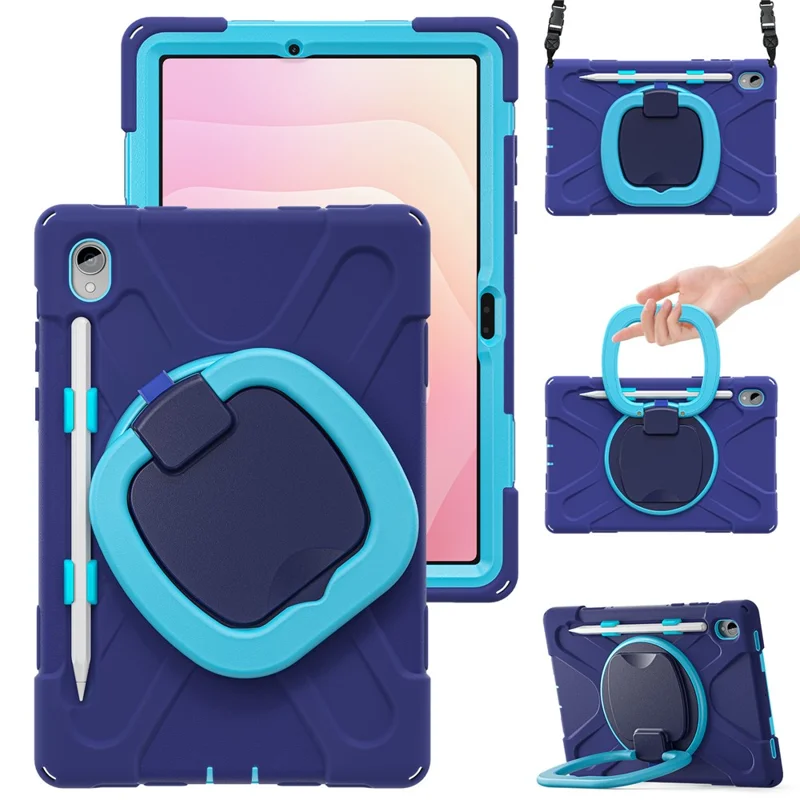 For Samsung Galaxy Tab S11 X730 /  X736 /  X736B Kickstand Case with Shoulder Strap TPU + PC + Silicone Tablet Cover  - Navy Blue