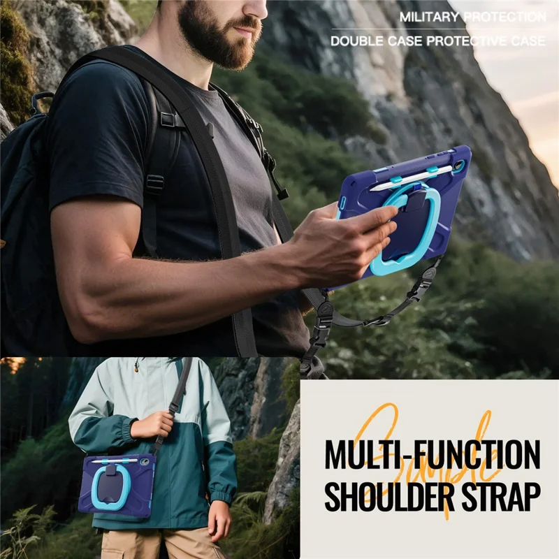 For Samsung Galaxy Tab S11 X730 /  X736 /  X736B Kickstand Case with Shoulder Strap TPU + PC + Silicone Tablet Cover  - Navy Blue