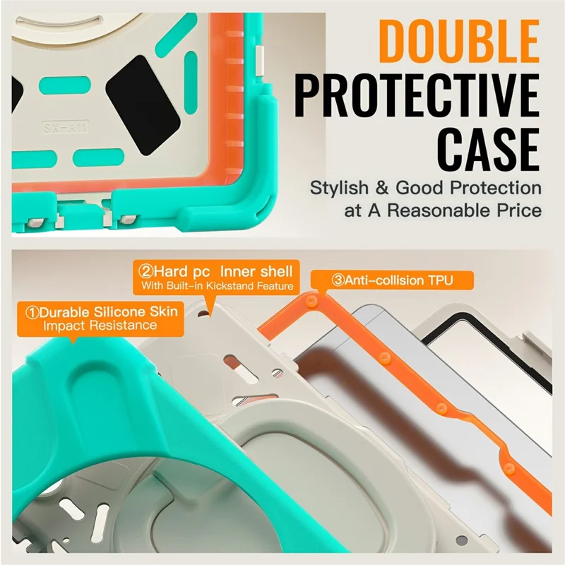 Tablet Case for Samsung Galaxy Tab A11  /  SM-X133  /  X135 TPU + PC + Silicone Cover Swivel Kickstand Handle Grip - Mint Green