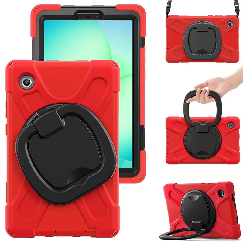 Kickstand Case with Shoulder Strap for Samsung Galaxy Tab A11 / SM-X133 / X135 TPU + PC + Silicone Tablet Cover - Red