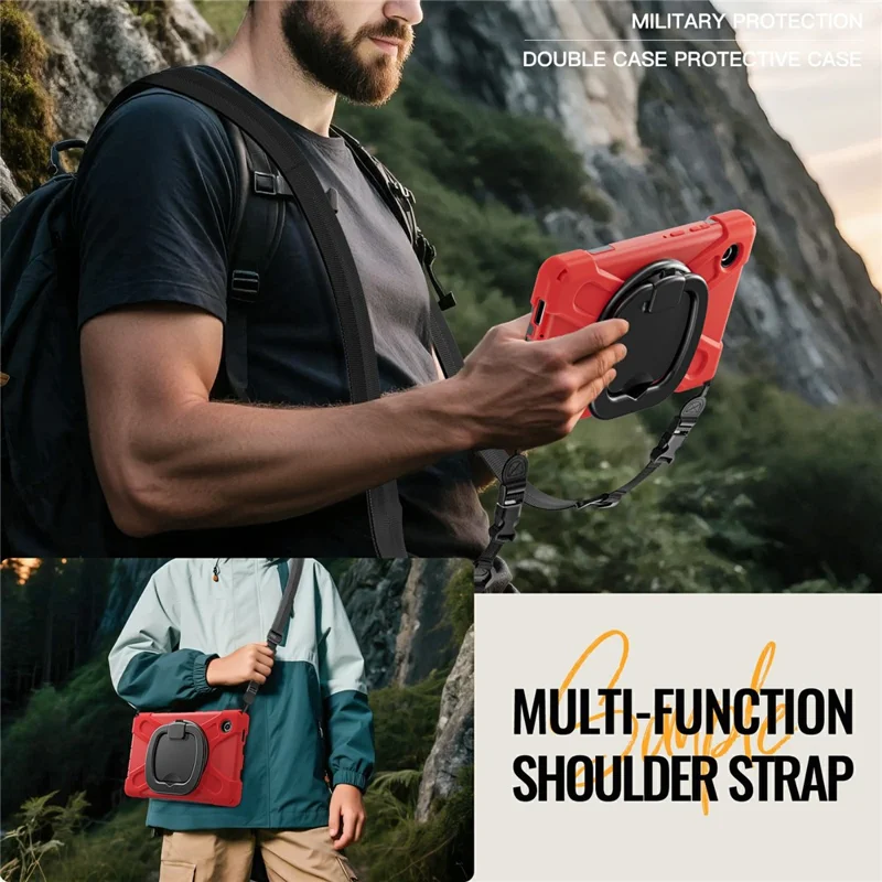Kickstand Case with Shoulder Strap for Samsung Galaxy Tab A11 / SM-X133 / X135 TPU + PC + Silicone Tablet Cover - Red