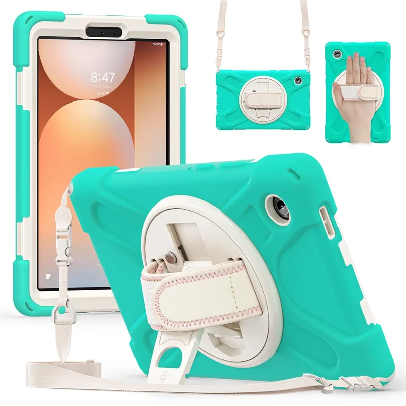 For Samsung Galaxy Tab A11 Kickstand Case TPU PC Silicone Tablet Cover with Shoulder Strap - Mint Green