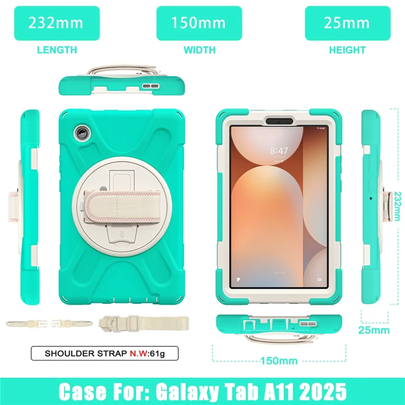 For Samsung Galaxy Tab A11 Kickstand Case TPU PC Silicone Tablet Cover with Shoulder Strap - Mint Green