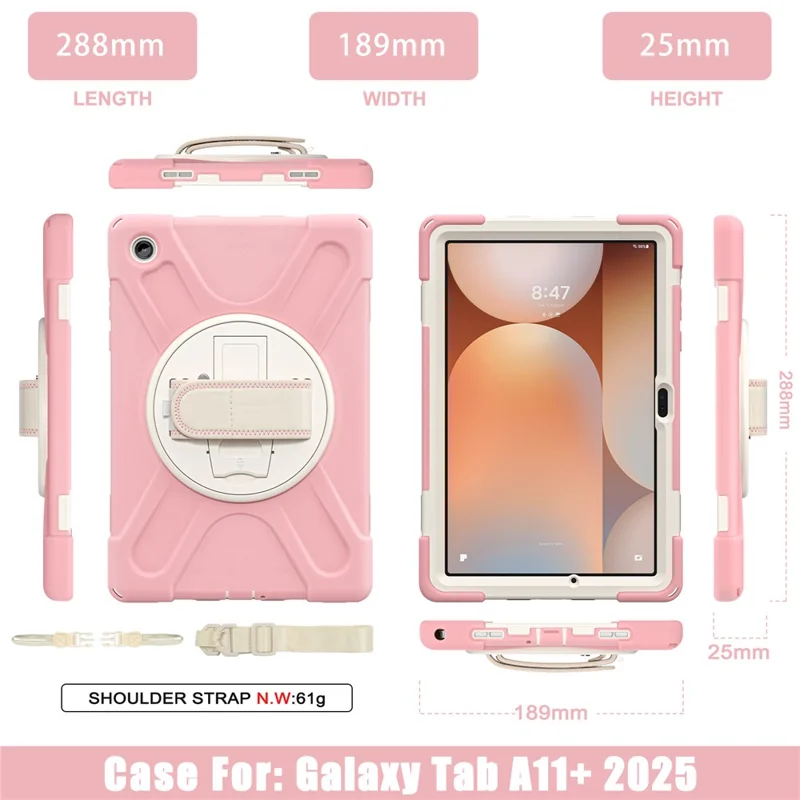 For Samsung Galaxy Tab A11+ Kickstand Case TPU PC Silicone Tablet Cover with Shoulder Strap - Pink