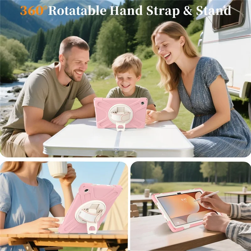 For Samsung Galaxy Tab A11+ Kickstand Case TPU PC Silicone Tablet Cover with Shoulder Strap - Pink