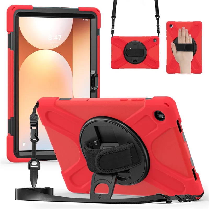 For Samsung Galaxy Tab A11+ Kickstand Case TPU PC Silicone Tablet Cover with Shoulder Strap - Red