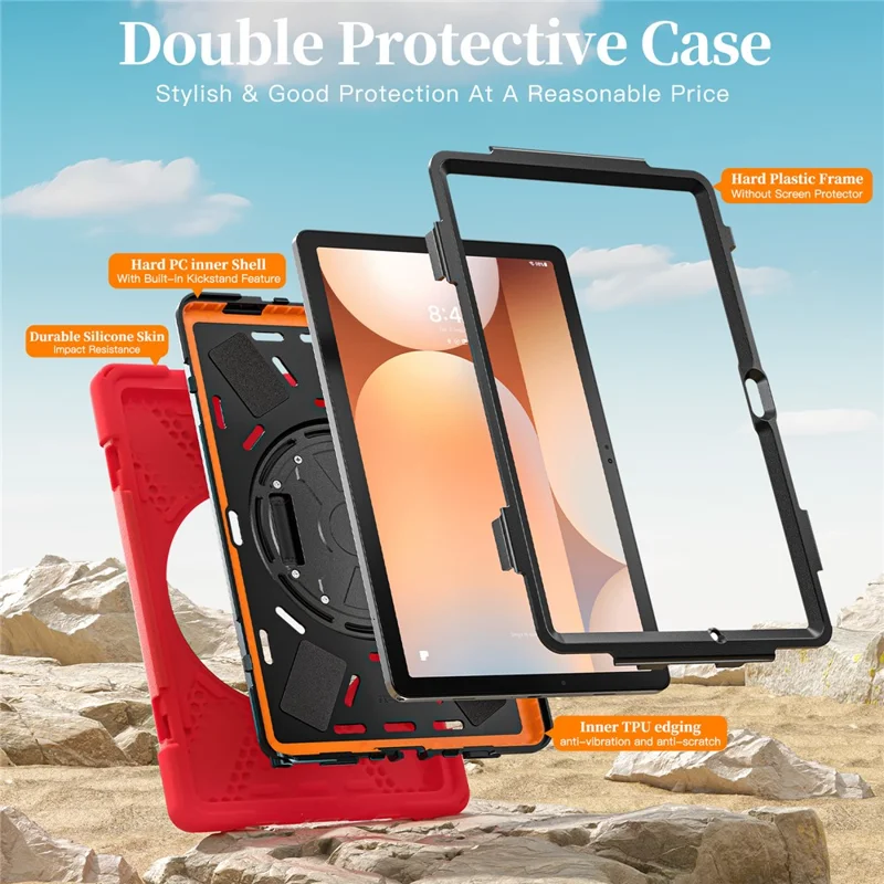 For Samsung Galaxy Tab A11+ Kickstand Case TPU PC Silicone Tablet Cover with Shoulder Strap - Red