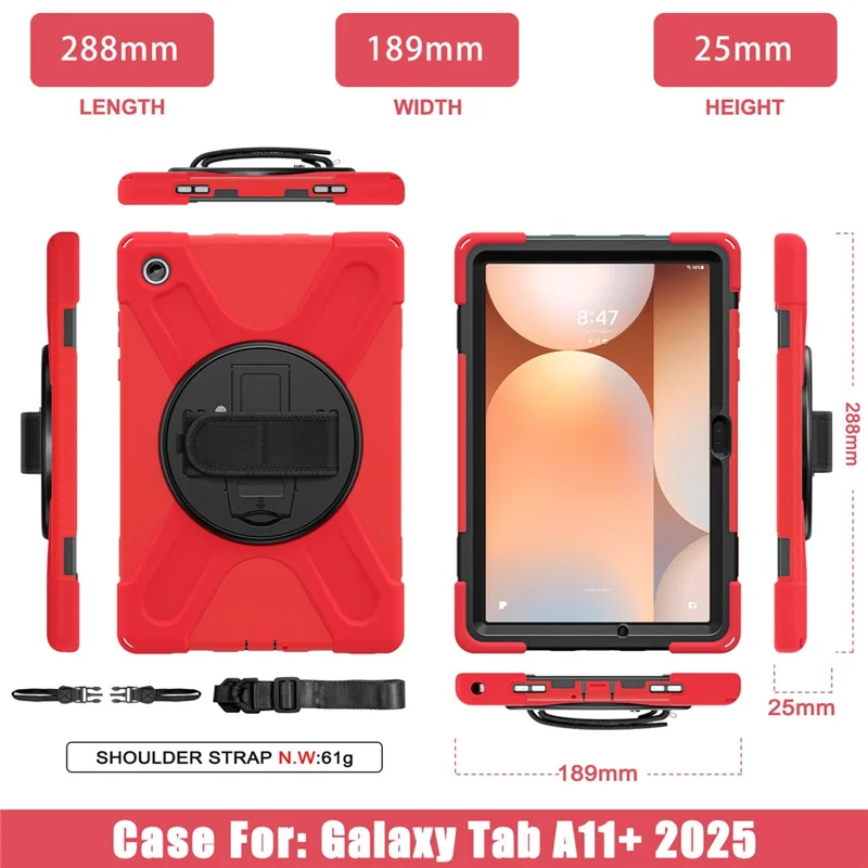 For Samsung Galaxy Tab A11+ Kickstand Case TPU PC Silicone Tablet Cover with Shoulder Strap - Red