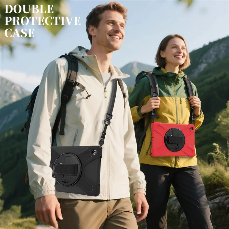 For Samsung Galaxy Tab A11+ Kickstand Case TPU PC Silicone Tablet Cover with Shoulder Strap - Red