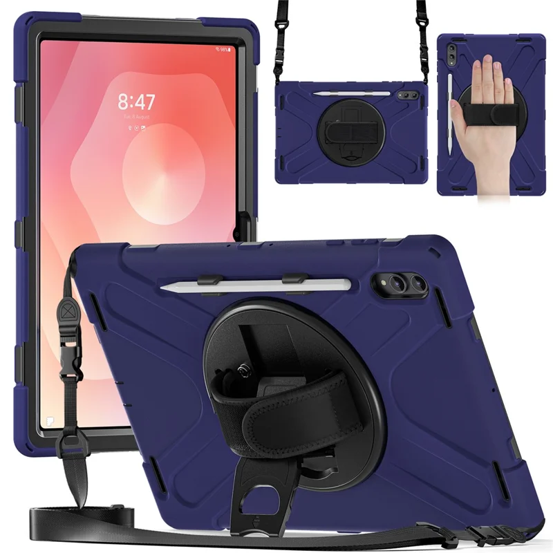 Etui z uchwytem obrotowym 360° do Samsung Galaxy Tab S11 Ultra, odporno uderzeniowo, z regulowanym paskiem na ramię i paskiem na nadgarstek, kolor granatowy