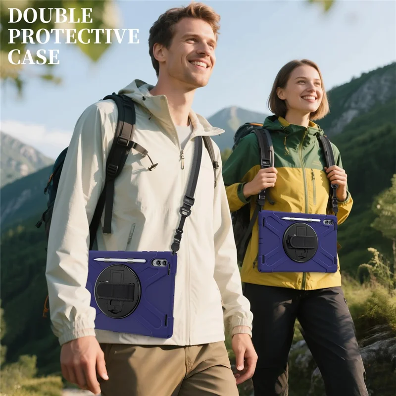 Etui z uchwytem obrotowym 360° do Samsung Galaxy Tab S11 Ultra, odporno uderzeniowo, z regulowanym paskiem na ramię i paskiem na nadgarstek, kolor granatowy