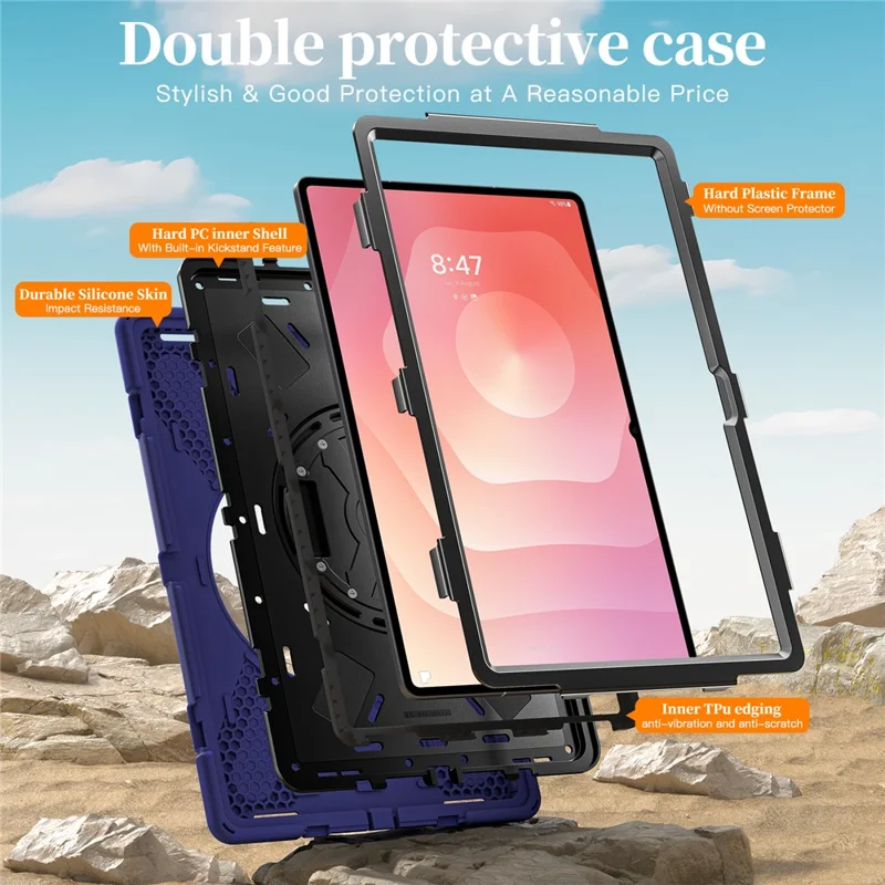 Etui z uchwytem obrotowym 360° do Samsung Galaxy Tab S11 Ultra, odporno uderzeniowo, z regulowanym paskiem na ramię i paskiem na nadgarstek, kolor granatowy