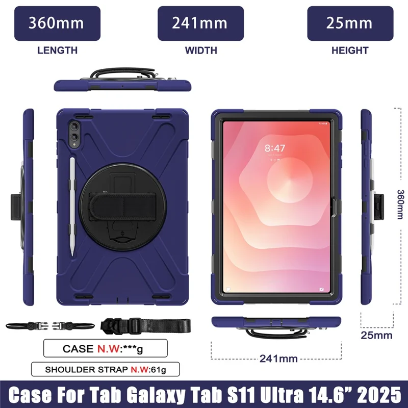 Etui z uchwytem obrotowym 360° do Samsung Galaxy Tab S11 Ultra, odporno uderzeniowo, z regulowanym paskiem na ramię i paskiem na nadgarstek, kolor granatowy