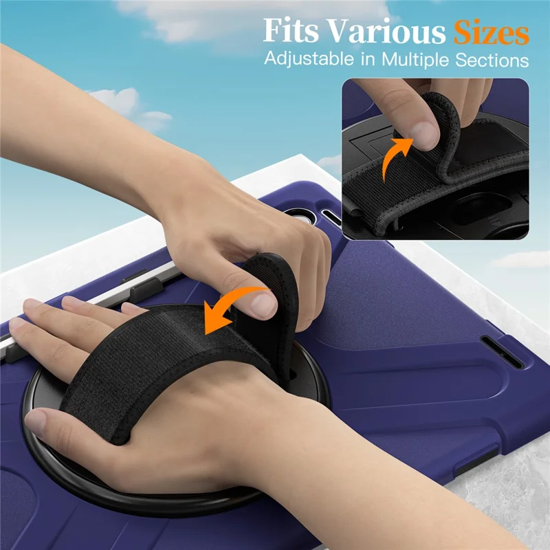 Etui z uchwytem obrotowym 360° do Samsung Galaxy Tab S11 Ultra, odporno uderzeniowo, z regulowanym paskiem na ramię i paskiem na nadgarstek, kolor granatowy