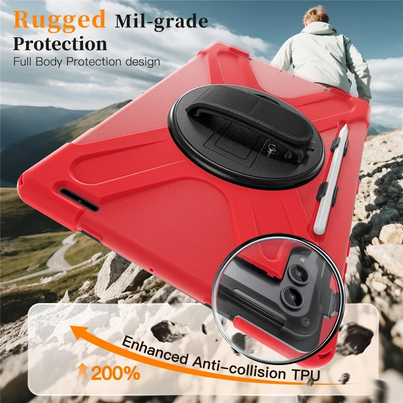 Etui z podstawką obrotową do Samsung Galaxy Tab S11 Ultra, pokrowiec z TPU, PC i silikonu z paskiem na ramię - Czerwony