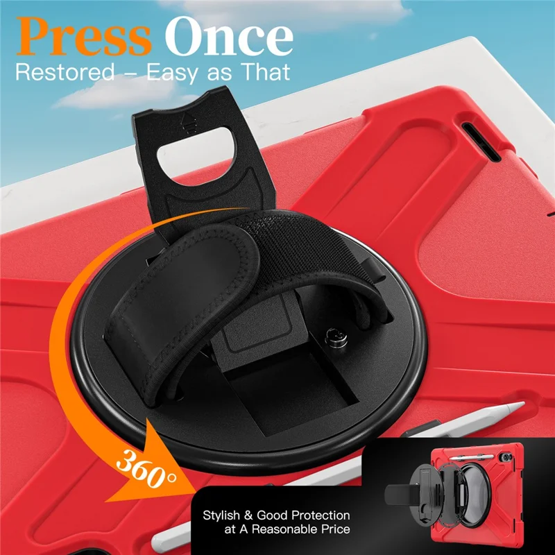 Etui z podstawką obrotową do Samsung Galaxy Tab S11 Ultra, pokrowiec z TPU, PC i silikonu z paskiem na ramię - Czerwony