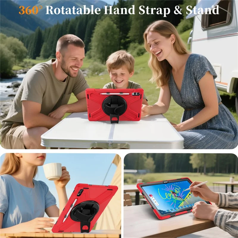 Etui z podstawką obrotową do Samsung Galaxy Tab S11 Ultra, pokrowiec z TPU, PC i silikonu z paskiem na ramię - Czerwony