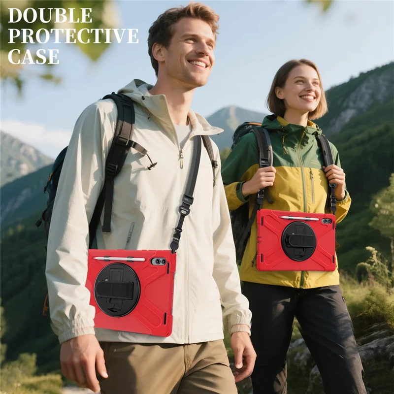 Etui z podstawką obrotową do Samsung Galaxy Tab S11 Ultra, pokrowiec z TPU, PC i silikonu z paskiem na ramię - Czerwony