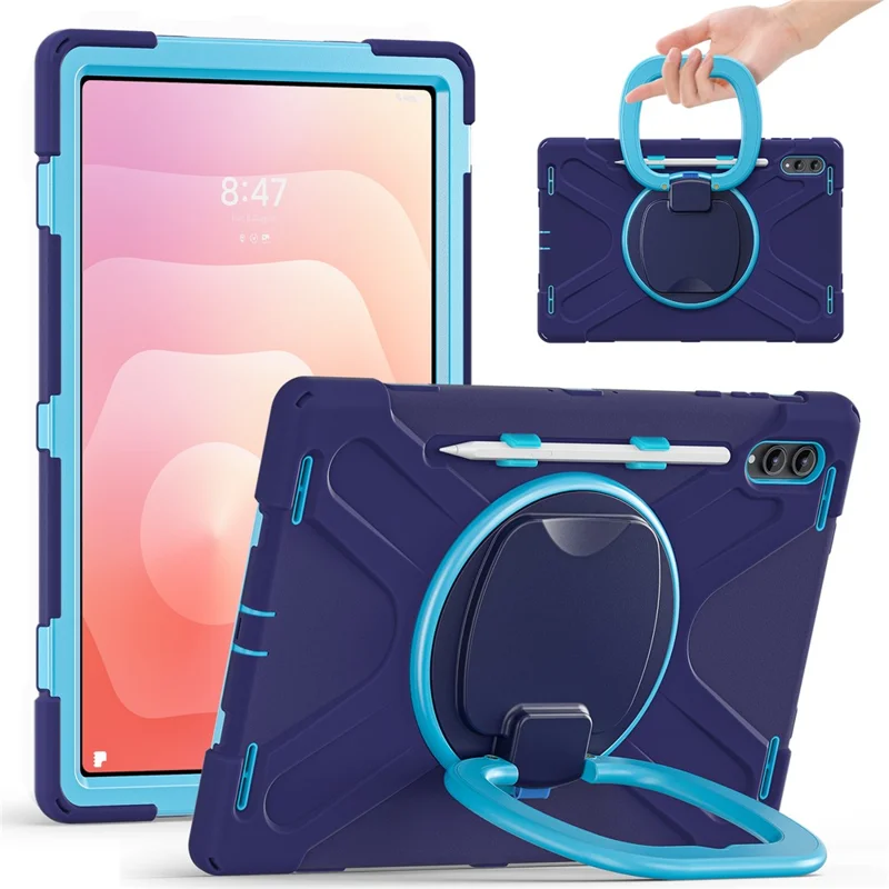 For Samsung Galaxy Tab S11 Ultra Case TPU + PC + Silicone Tablet Cover Swivel Kickstand Handle Grip - Navy Blue