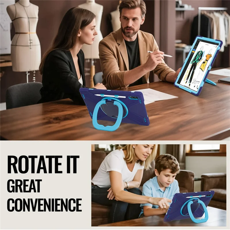 For Samsung Galaxy Tab S11 Ultra Case TPU + PC + Silicone Tablet Cover Swivel Kickstand Handle Grip - Navy Blue