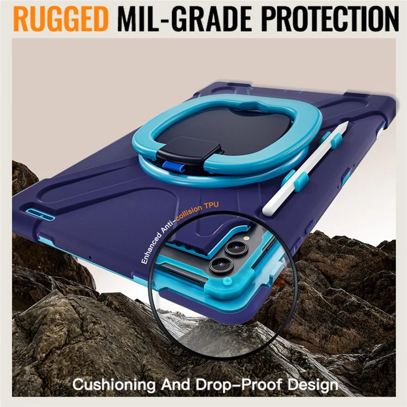 For Samsung Galaxy Tab S11 Ultra Case TPU + PC + Silicone Tablet Cover Swivel Kickstand Handle Grip - Navy Blue