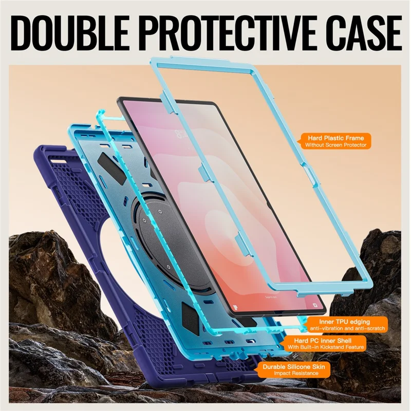 For Samsung Galaxy Tab S11 Ultra Case TPU + PC + Silicone Tablet Cover Swivel Kickstand Handle Grip - Navy Blue