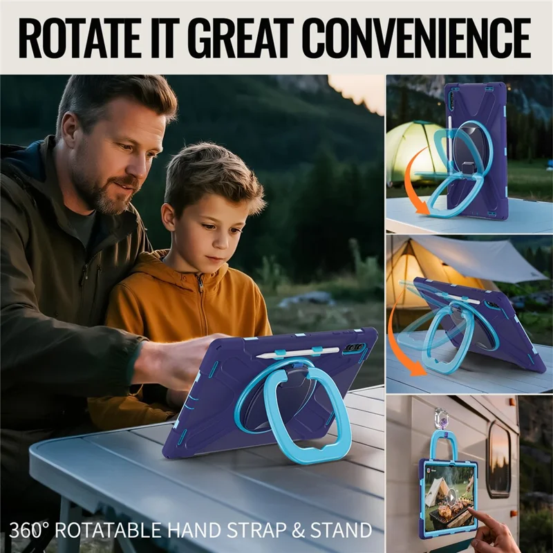 For Samsung Galaxy Tab S11 Ultra Case TPU + PC + Silicone Tablet Cover Swivel Kickstand Handle Grip - Navy Blue