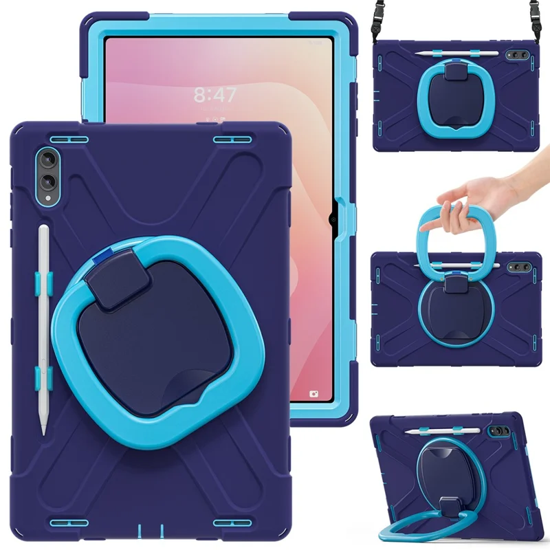 غطاء لجهاز Samsung Galaxy Tab S11 Ultra مع حزام كتف من مادة TPU + PC + سيليكون، غطاء لوحي قابل للطي - أزرق داكن